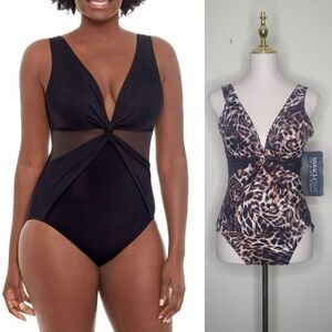 NWT Sz 14 Miraclesuit Leopard Twist Of Fate Mesh Slimming Lycra‎ V Neck Swimsuit